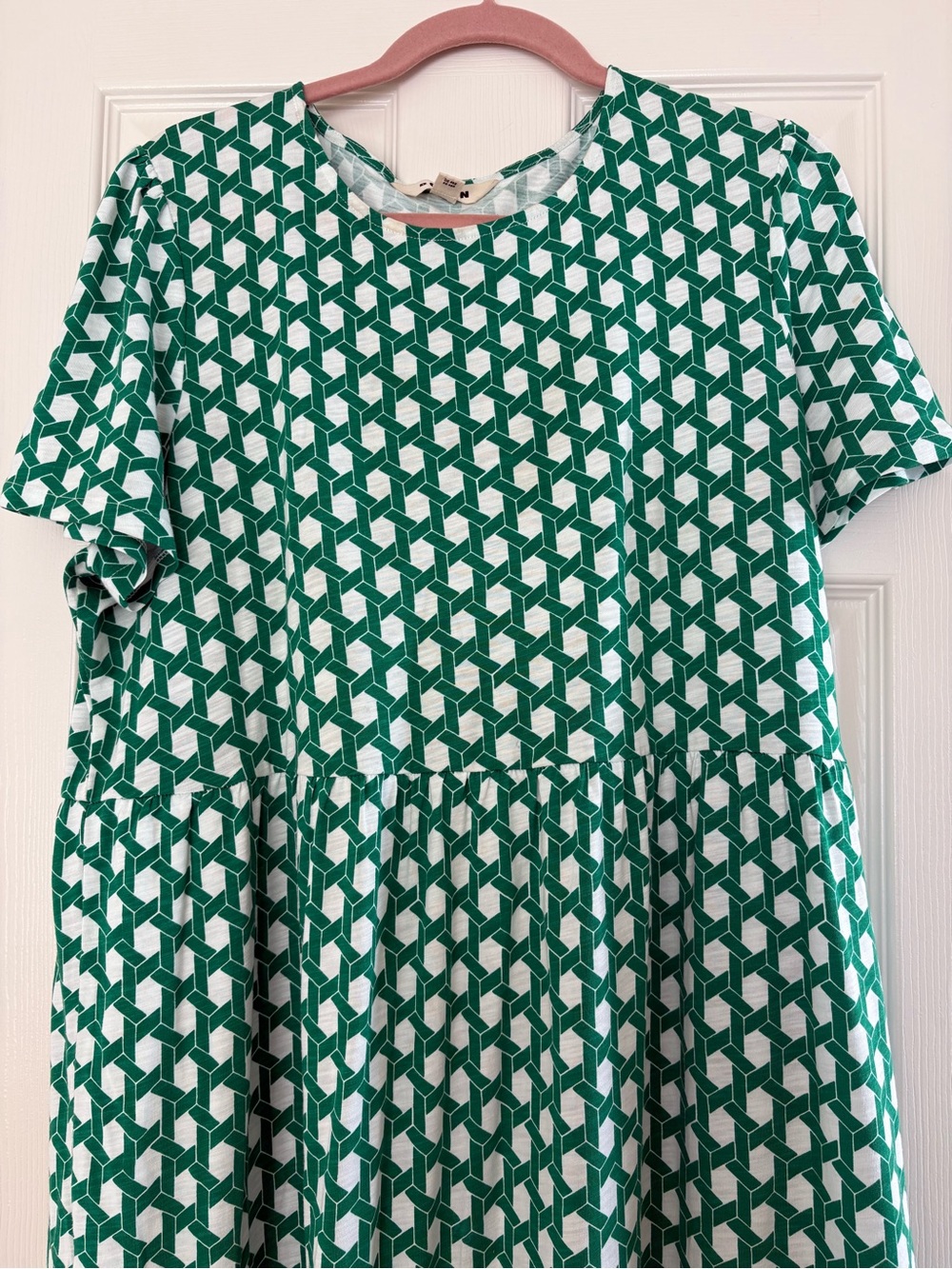 Boden Green and White Geometric Long Maxi Short-Sleeve Dress